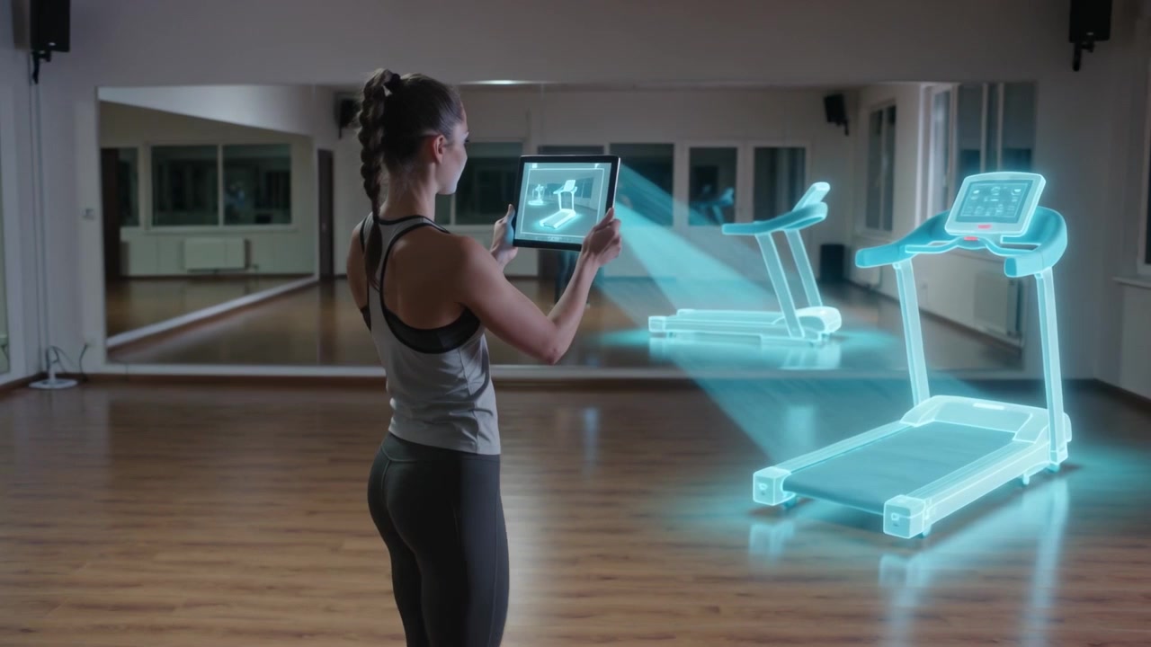 Mulher de regata e leggings levantando o tablet, projetando uma esteira perto de espelhos de estúdio para uma demonstração de RA.