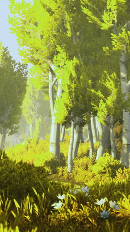 sunlight filters through vibrant trees in a serene forest landscape at midday