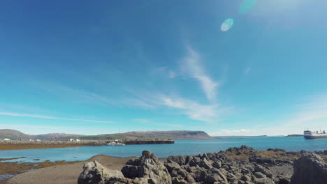 ferry baldur arriving at the terminal in westfjords, west iceland - fast forward, gopro shot