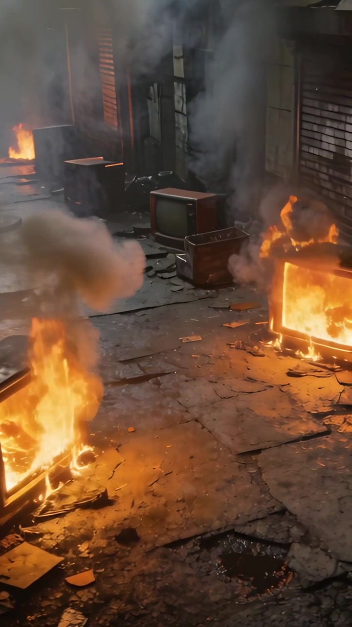 Vertical video: Burning CRT televisions emitting thick smoke in narrow alley, debris smoldering