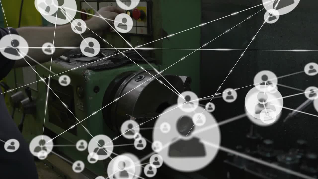 Machinist operating lathe controls forming user-icon network visualizing manufacturing connectivity