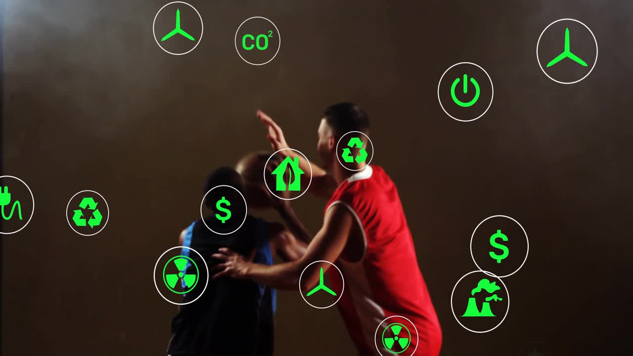 Manejador de balón con camiseta oscura cambiando de dirección, superando la defensa, encestando un tiro para anotar con iconos de tecnología verde.