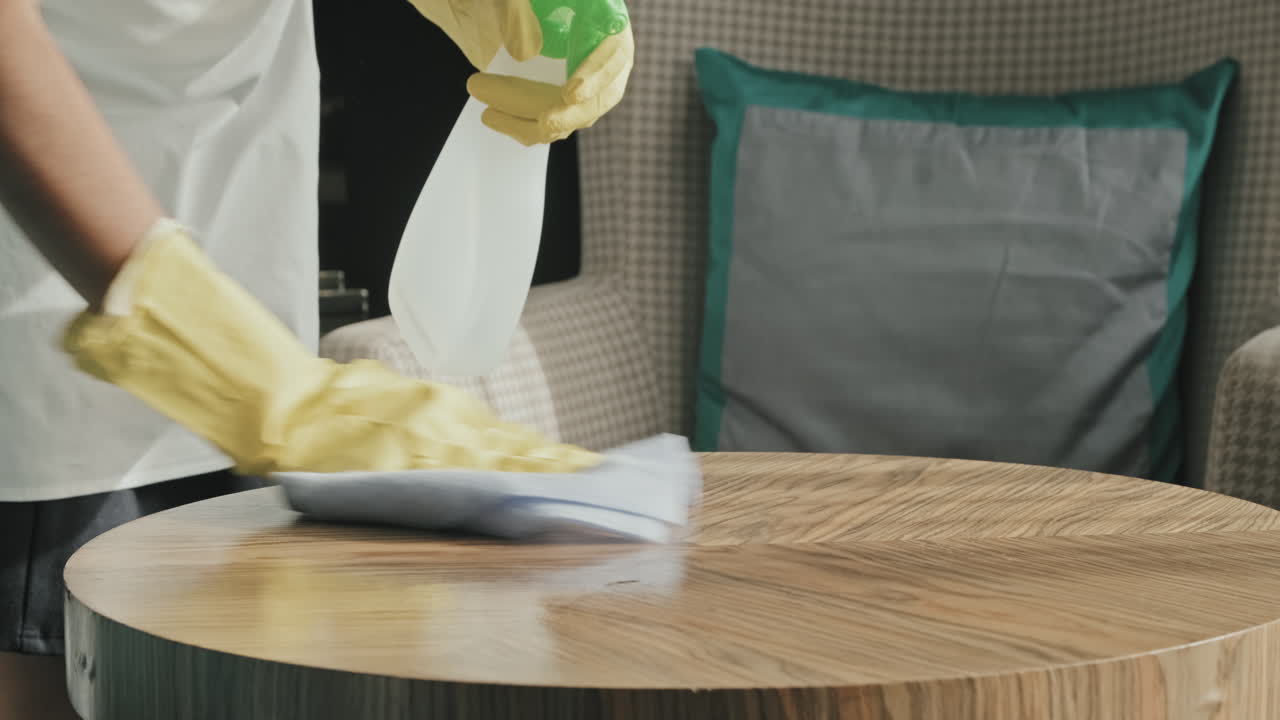 Gloved Hands of Housekeeper Cleaning Table in Hotel Room