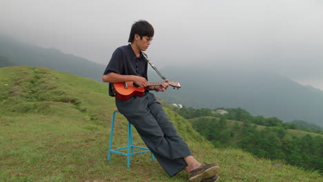 joven sentado en el campo tocando el ukulele y cantando