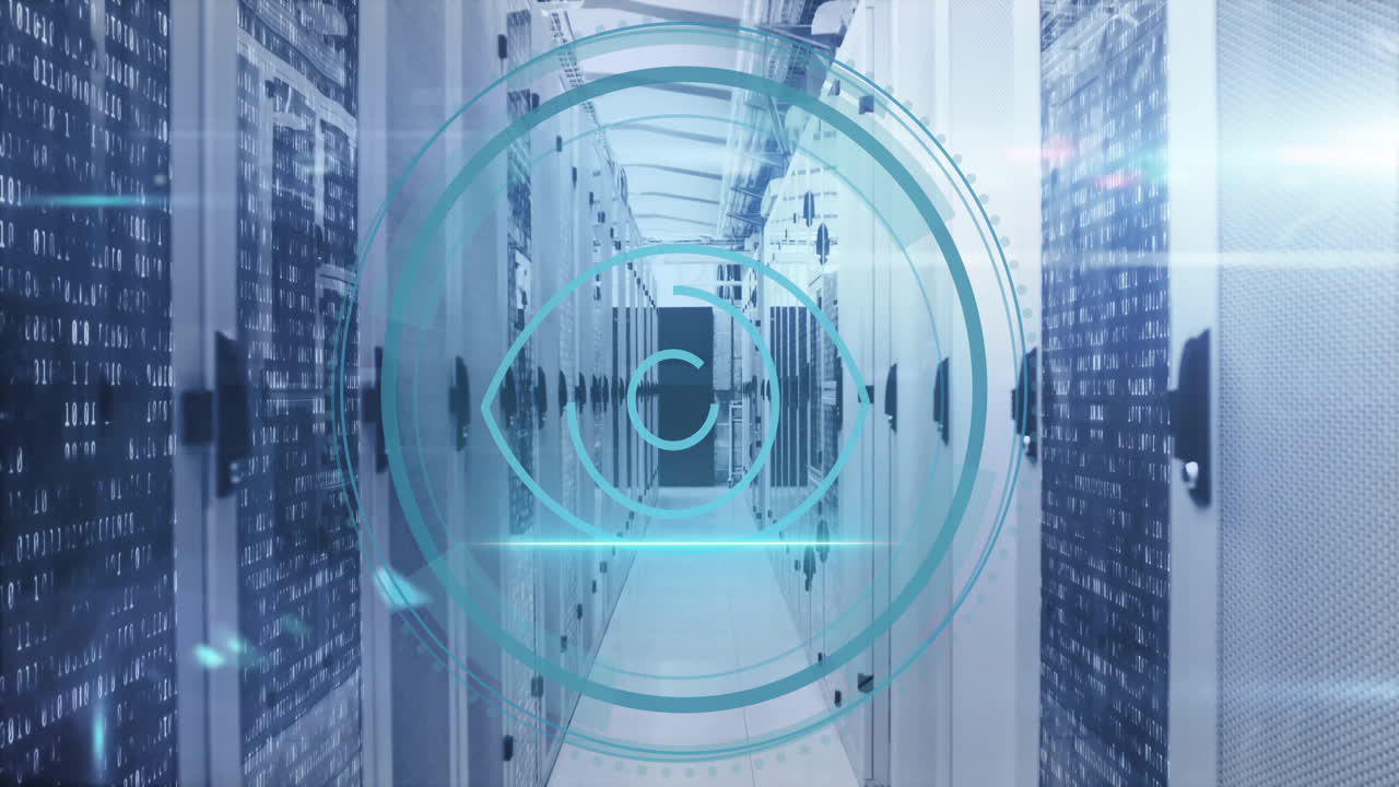 Animation of light spots and scope scanning with security symbols over server room