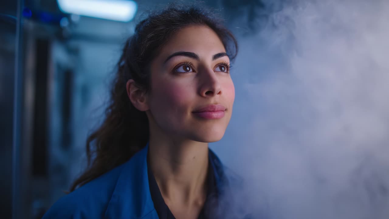 A woman stands confidently in a laboratory environment, illuminated by soft blue hues and surrounded by swirling clouds of vapor, embodying determination and curiosity in scientific exploration