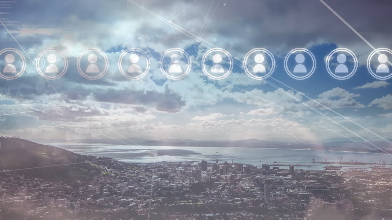 도시 풍경 위의 아이콘으로 연결된 네트워크의 애니메이션