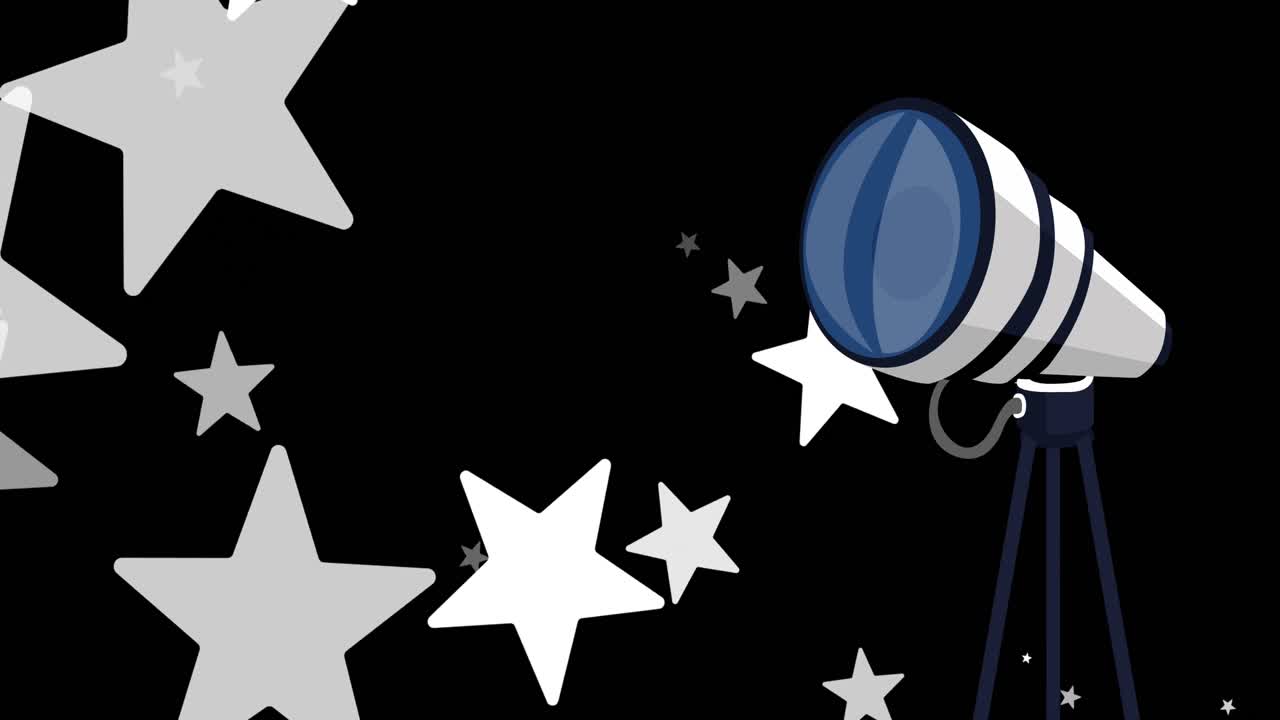 animación de múltiples estrellas blancas cayendo y telescopio sobre fondo negro