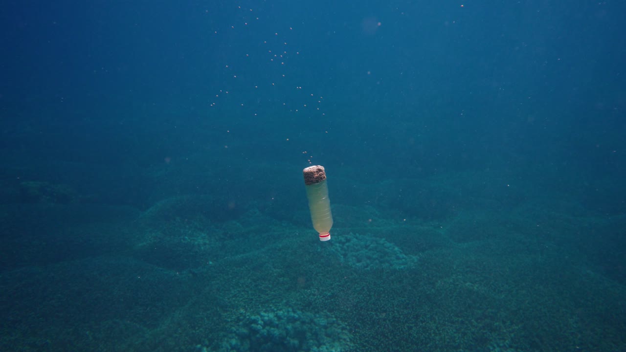 플라스틱 병 물고기 먹이 장치가 은 파란 바다에서 산호 바닥으로 내려와 물고기 음식을 방출합니다.