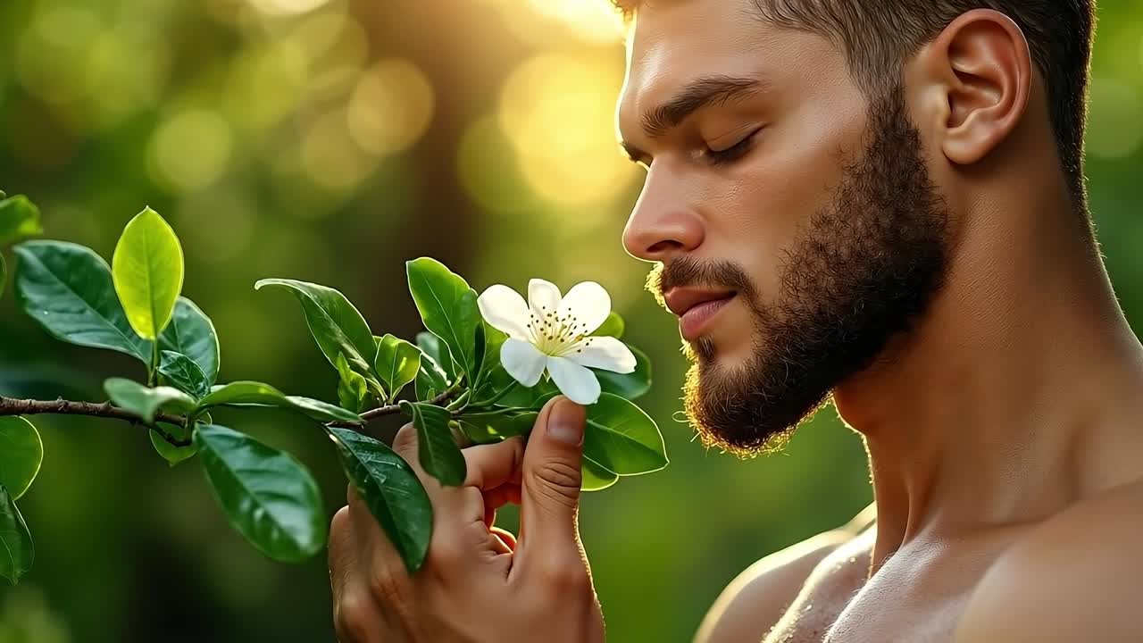 A man smelling a white flower on a tree branch
