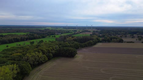 the edge of a forest bordering a plowed field in germany. great aerial view flight descending drone