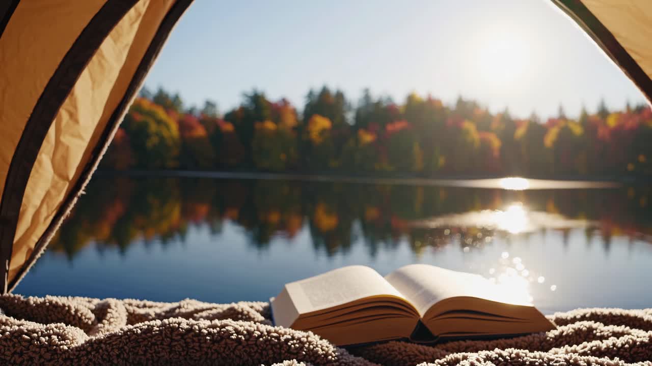 Cozy tent view of an open book by a serene lake with autumn trees