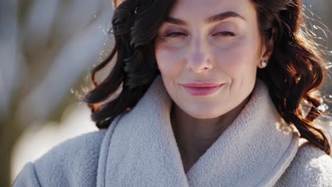 beautiful brunette woman wearing a stylish winter coat, closes her eyes and enjoys a peaceful moment in a snowy landscape, embracing the serenity of winter