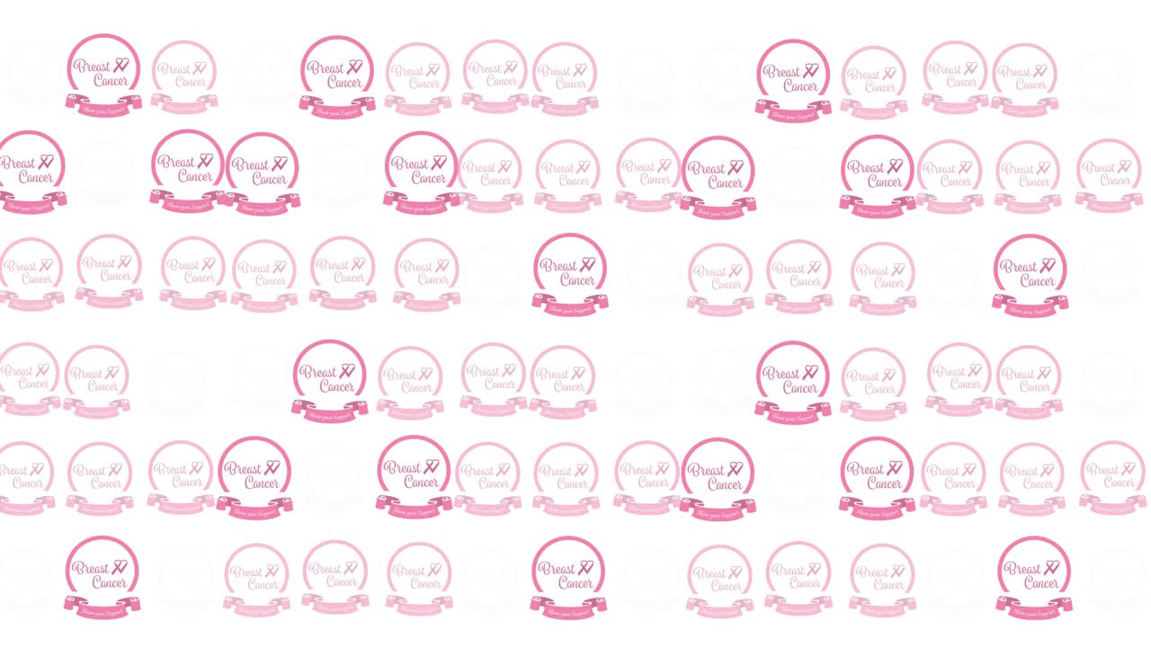 animación de varios logotipos de cinta rosa y texto de esperanza brillando sobre fondo blanco