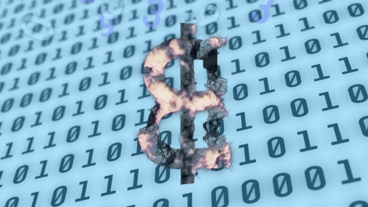 Animation of data processing over bitcoin symbol