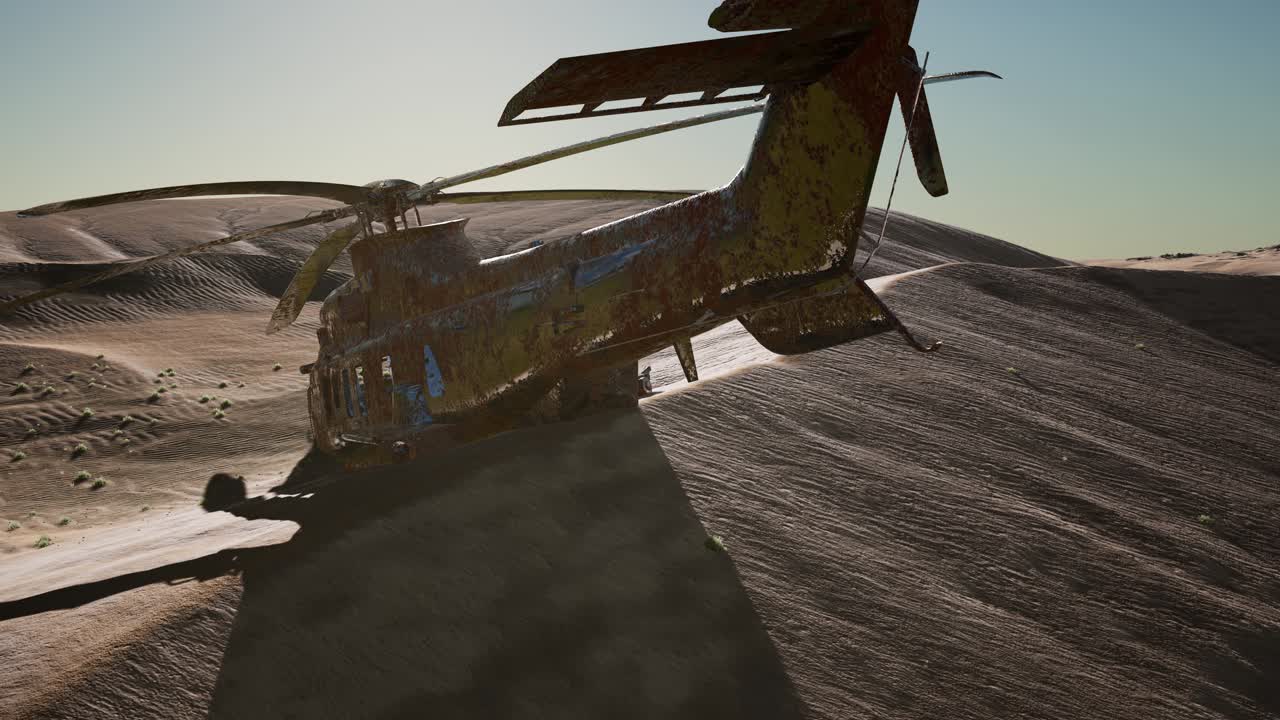 viejo helicóptero militar oxidado en el desierto al atardecer