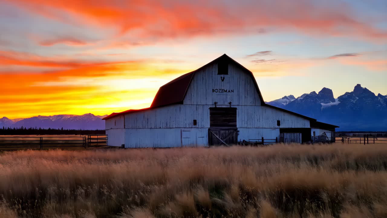 Hvid lade ved solnedgang med bjerge i Bozeman, Montana