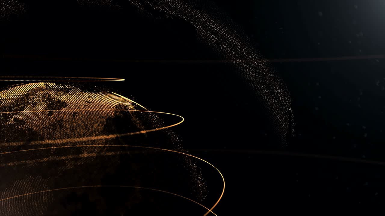 추상적인 구. 절단된 비디오. 선으로 연결된 황금 점. 세계화 인터페이스. 행성이 오른쪽에 움직이고 있습니다.