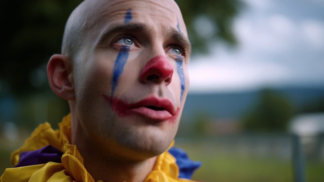 Un clown malinconico riflette sulla vita, le emozioni e l'identità in un momento introspettivo catturato in due fotogrammi di una sequenza video