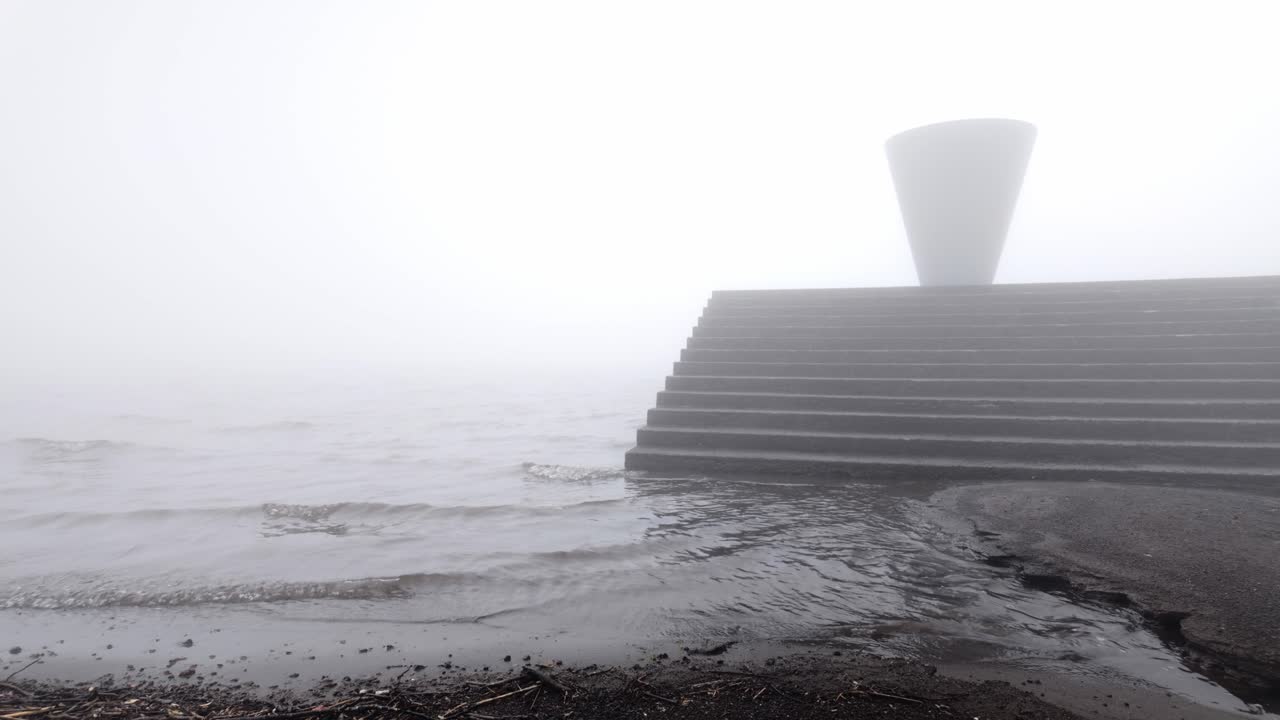 Static wide shot of modern concrete staircase partly underwater at misty lakeshore, abstract cone sculpture above steps in thick fog and soft light