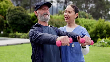 nurse, outdoor and dumbbells for man in retirement