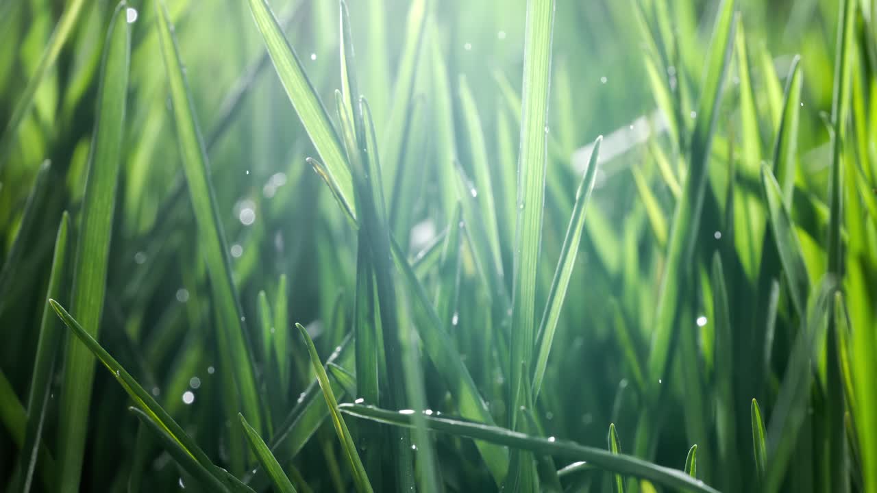 초록색 잔디가 잔디 위에 천천히 떨어지는 방울의 클로즈업입니다. 슈퍼 슬로 모션 카메라로 촬영되었습니다.