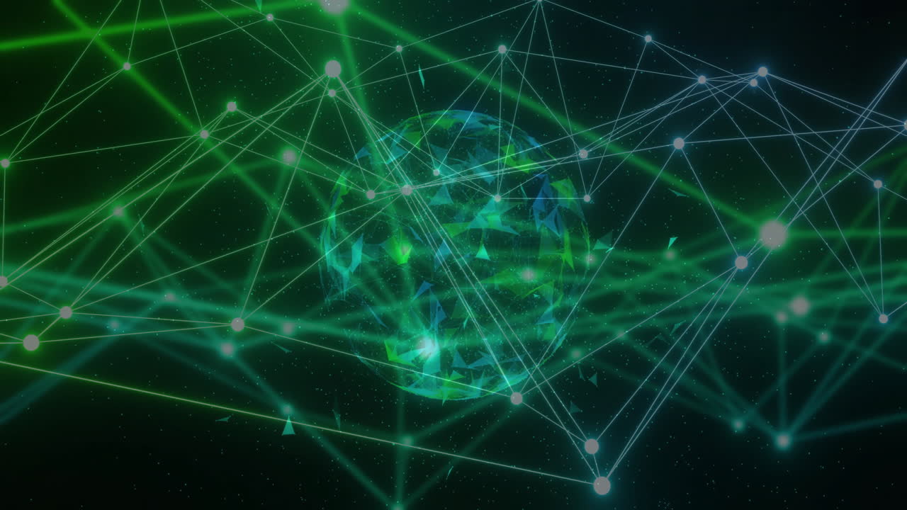 Animation of illuminated dots connected with lines over globe against black background