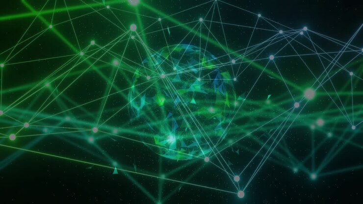 Animation of illuminated dots connected with lines over globe against black background