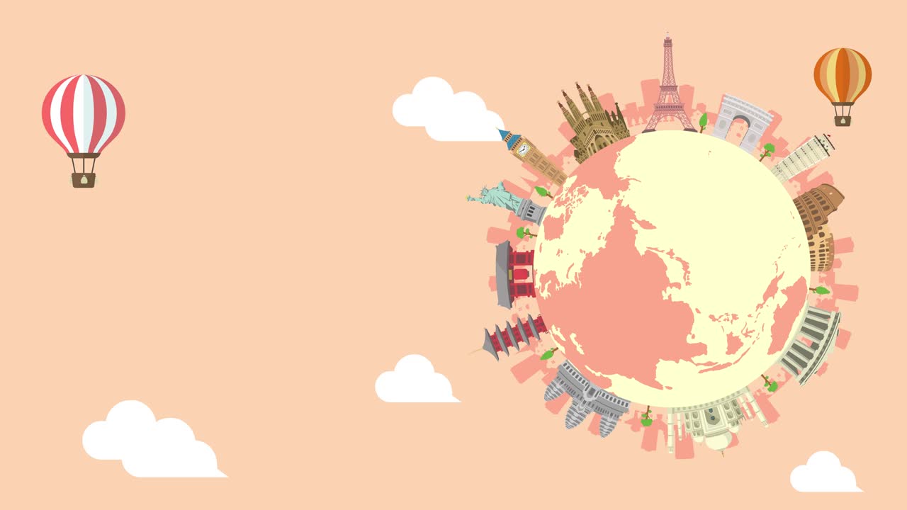 여행, 휴가, 관광 애니메이션 배너 (4k) 세계 유산 및 세계적으로 유명한 건물. 텍스트 버전이 없습니다.