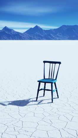 a single chair sits alone in a vast desert landscape, with mountains in the distance.