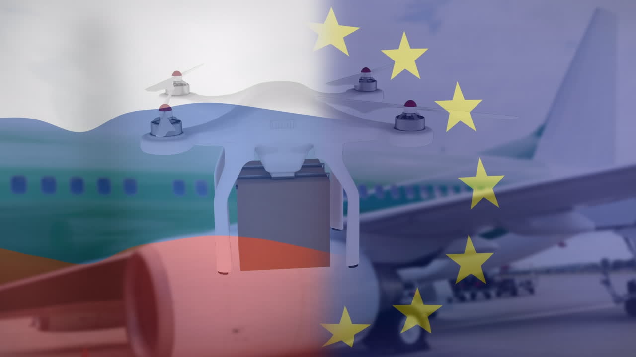 анимация беспилотника с коробкой над флагами россии и ес