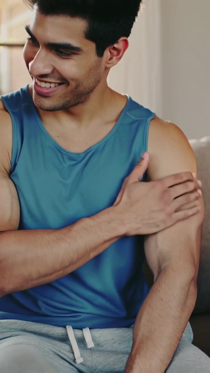 Video vertical: Mujer señalando, llamando la atención de un hombre, mientras él se frota el bíceps en un sofá con camiseta azul.