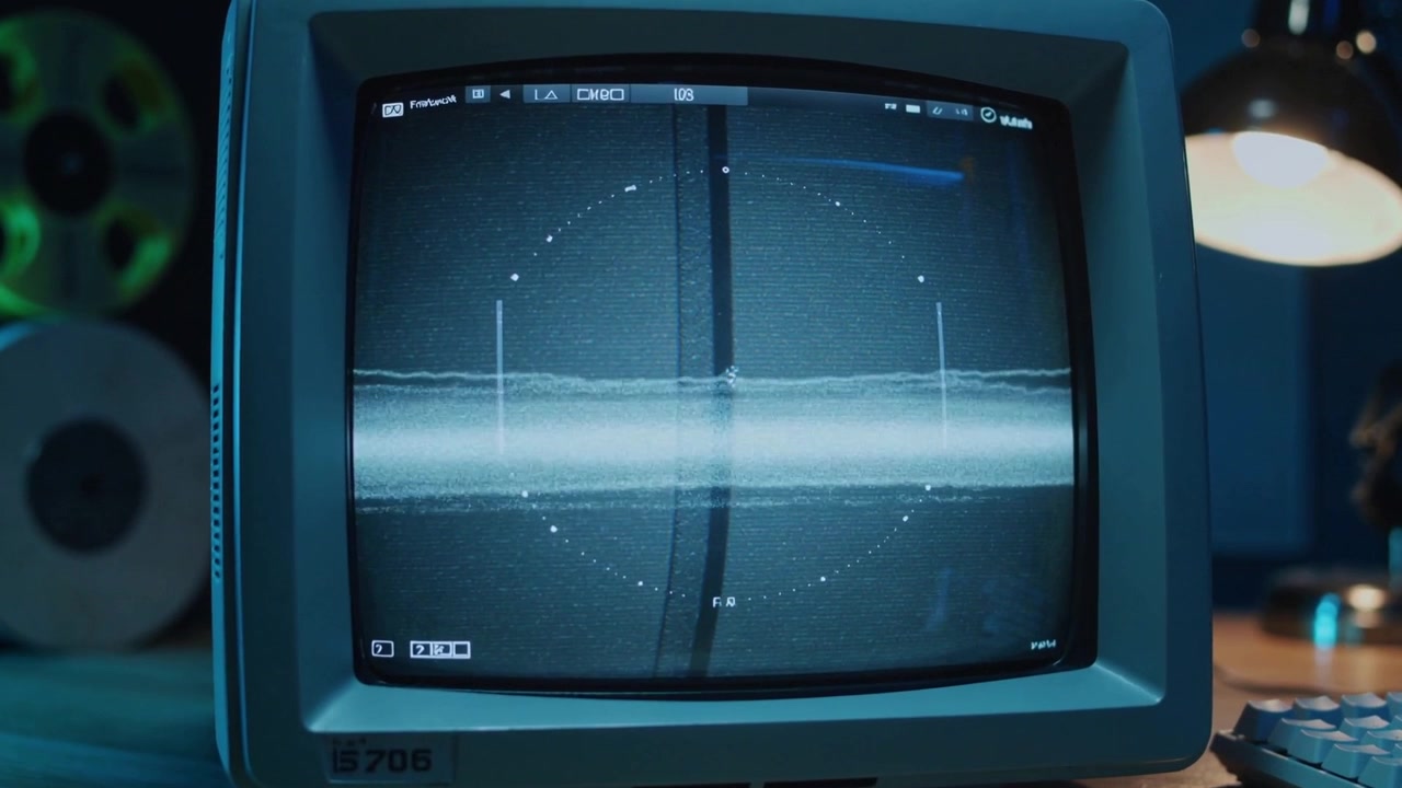 Ricevendo un segnale sonar, un monitor CRT 5706 retrò illumina il display sonar sulla scrivania, con lampada e bobine.