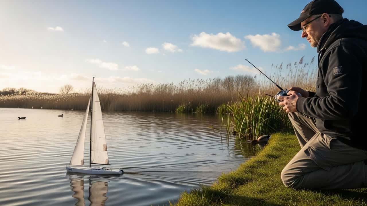 Remote-Controlled Sailing: A Hobbyist Enjoys Relaxing Moments at the Waterside with His Model Sailboat on a Calm Lake Under a Beautiful Sky