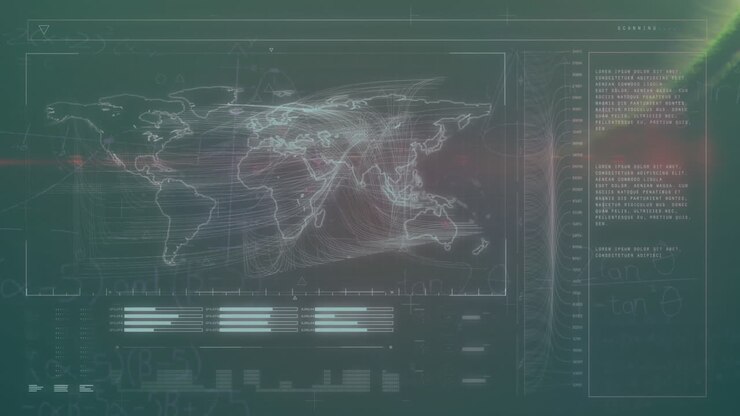 Animation of data processing and waves over globe on dark background