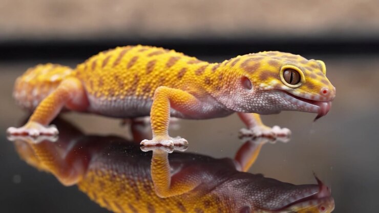Et fængslende nærbillede af en farverig leopardgekko, der viser dens unikke mønstre og refleksioner på en glat overflade