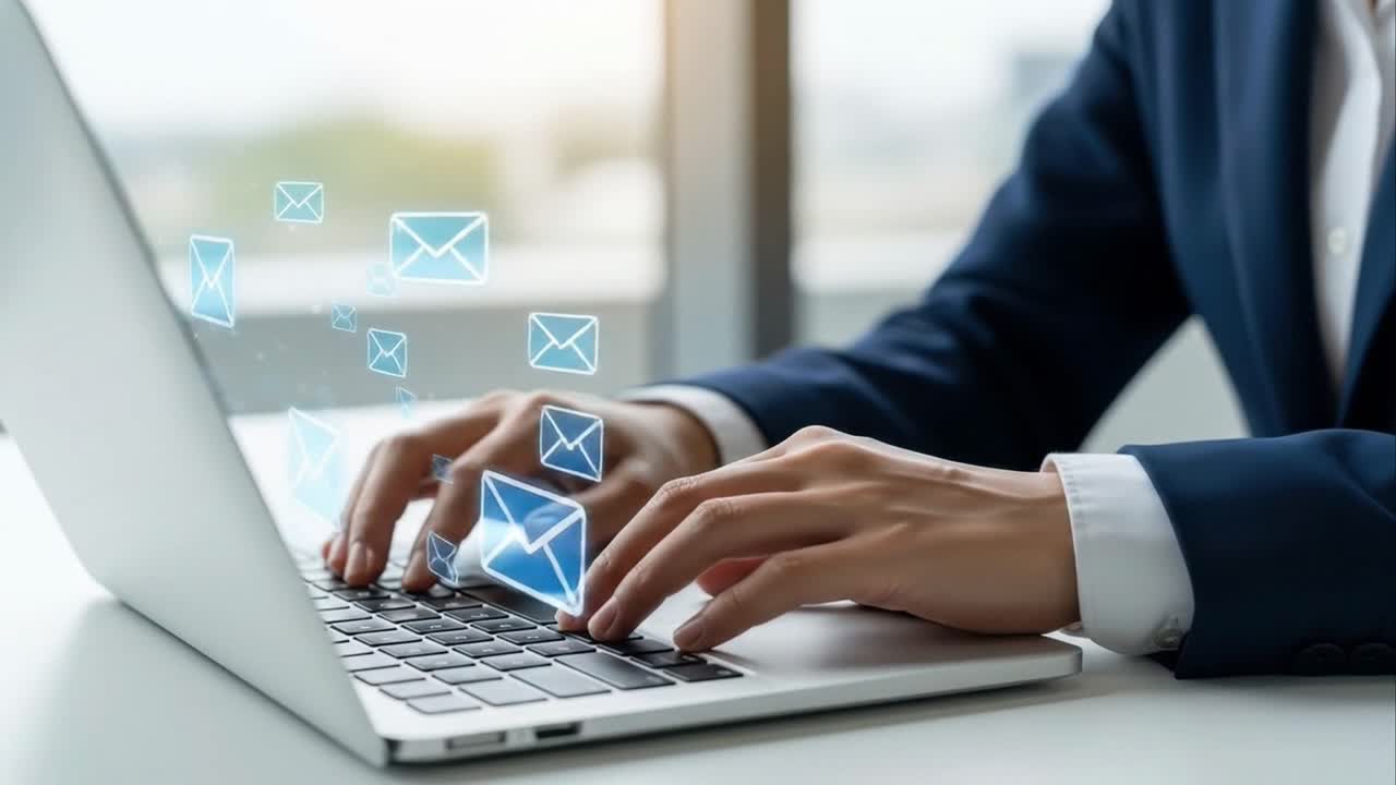 Businessman Typing on Laptop Sending Multiple Digital Email Icons