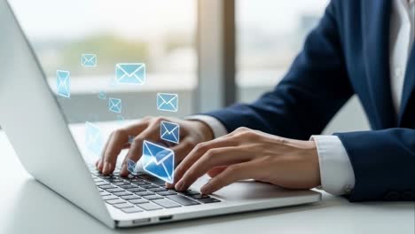 businessman typing on laptop sending multiple digital email icons