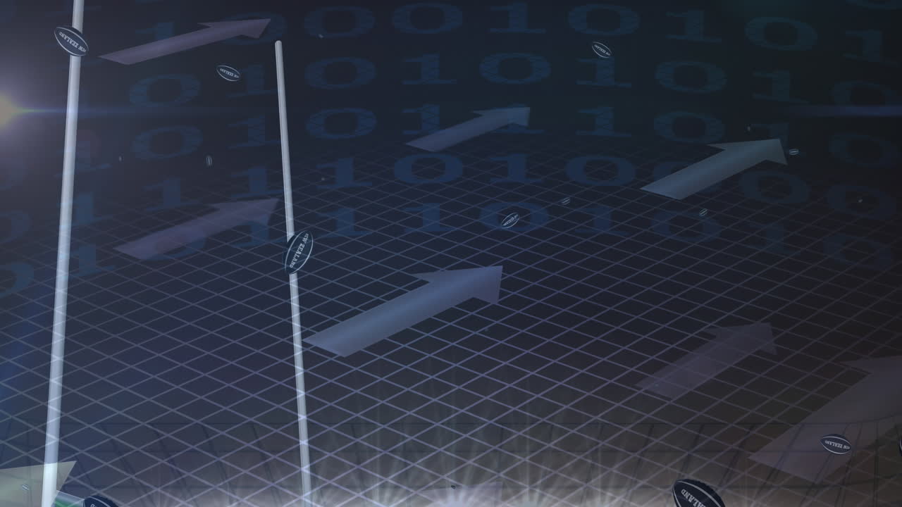 경기장에서 뉴질랜드 텍스트와 함께 떨어지는 럭비 공 위에 화살표의 애니메이션