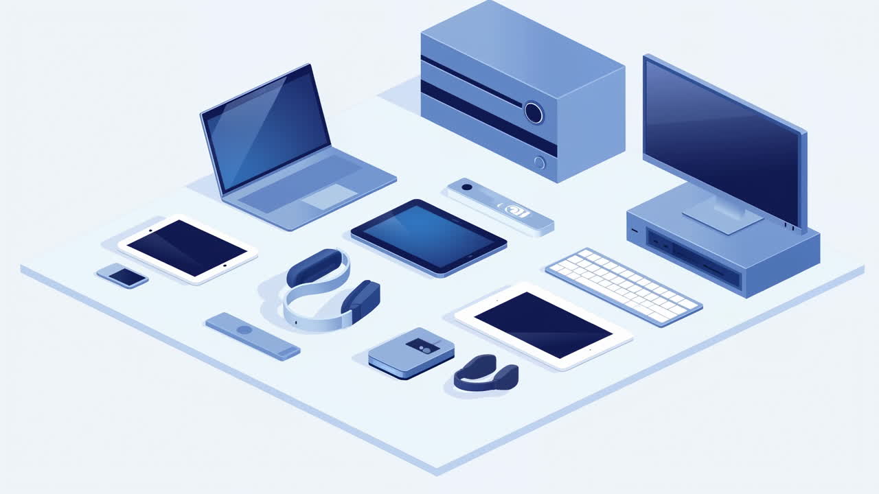 Isometric Animation of Various Electronic Devices Appearing on a Surface