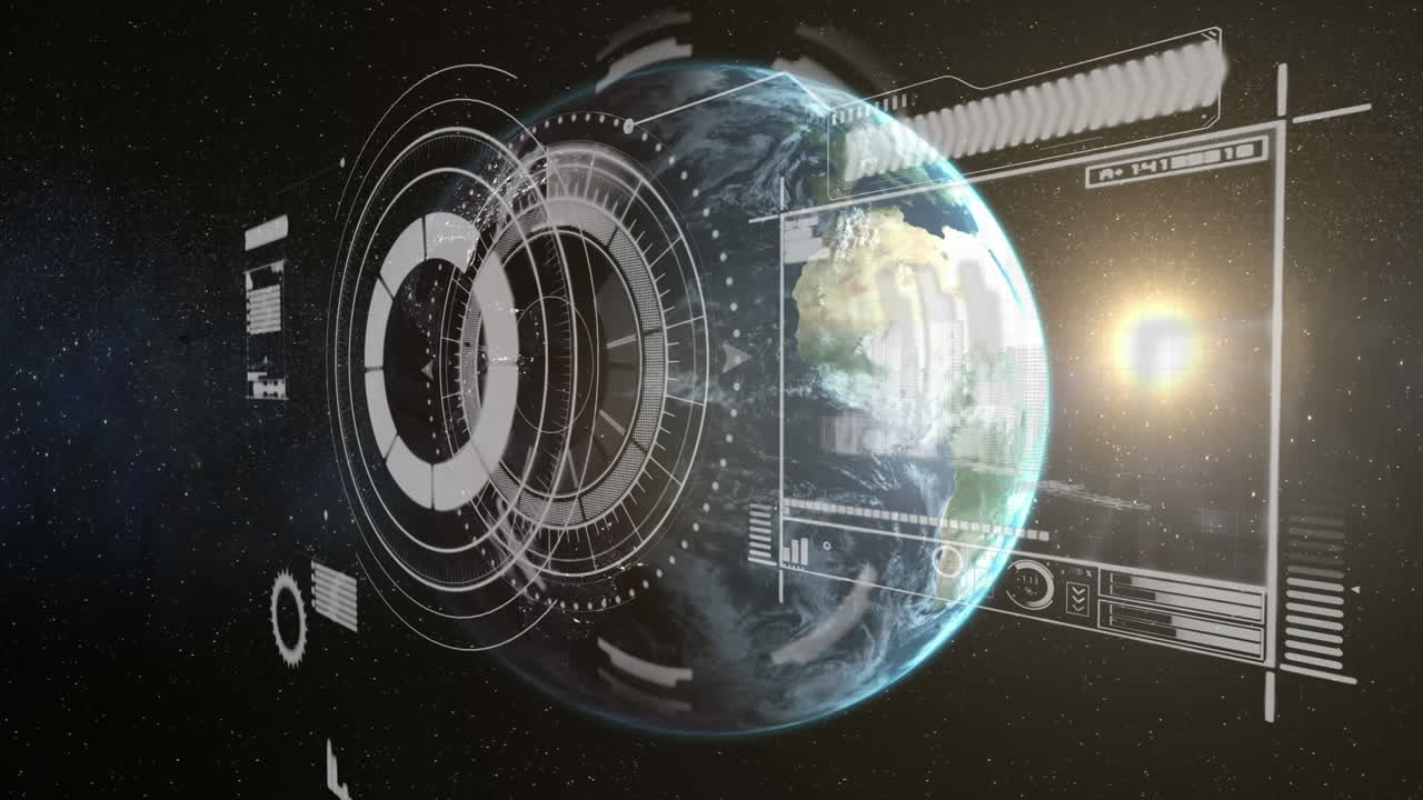 Animation of circular scope scanning rotating globe and data processing on interface with on black