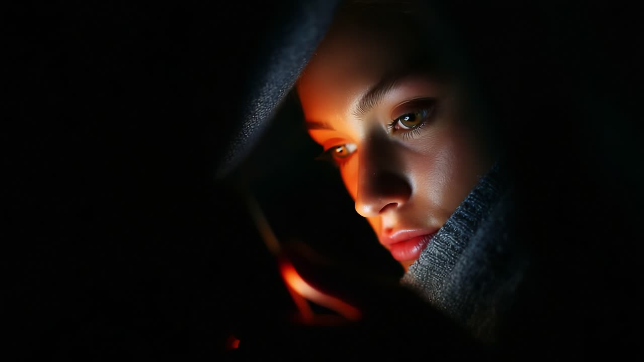 En ung kvinde, der er oplyst af det bløde skær fra sin smartphone-skærm, fordybet i mørke omgivelser, fanger et øjeblik af fokus og nysgerrighed og fremhæver interaktionen med teknologi.