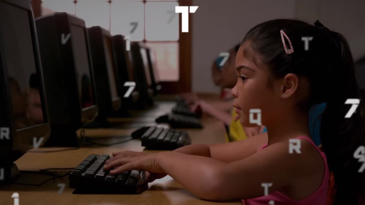 Multiple changing numbers and alphabets floating against school girl using computer at school