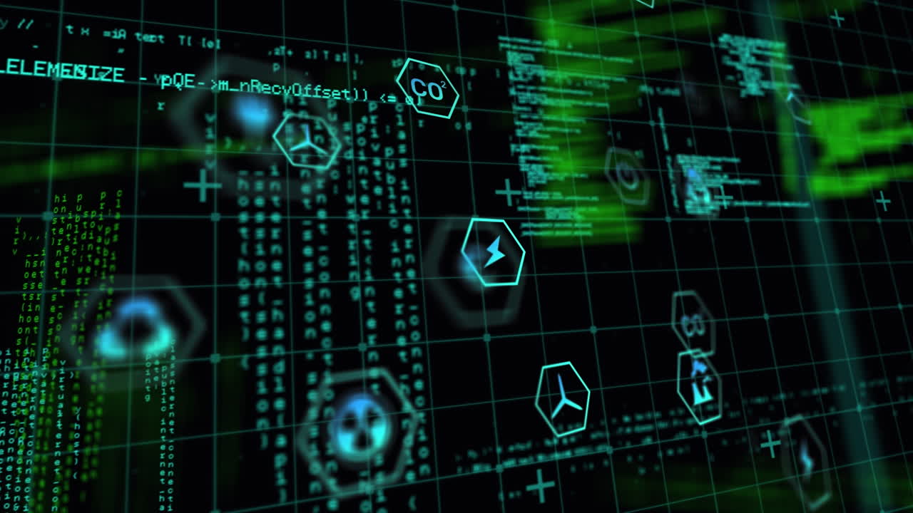 animación de iconos de procesamiento de datos y ecología sobre fondo negro