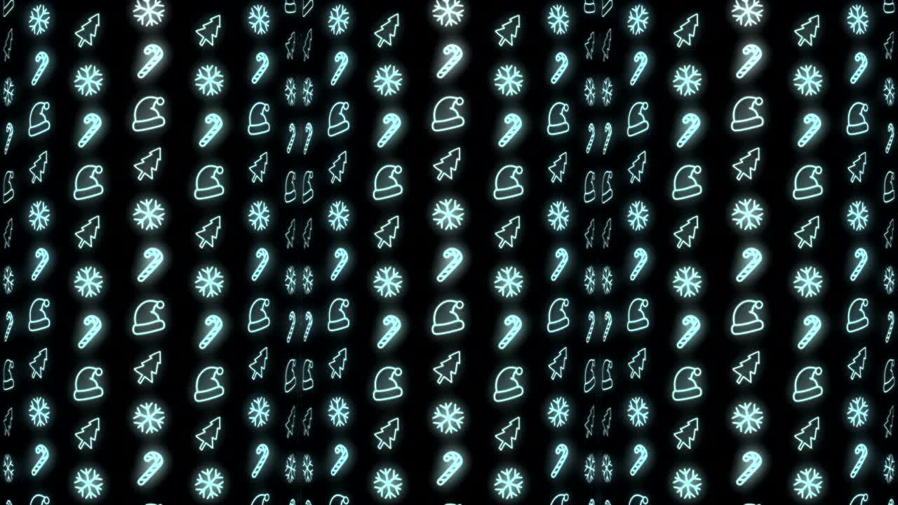 fondo de patrón de navidad de neón de árbol de navidad, copo de nieve, sombrero de santa y bastón de caramelo en animación de bucle cian y negro