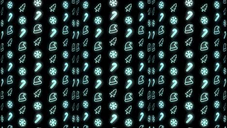 neon christmas pattern background of christmas tree, snowflake, santa hat and candy cane in cyan and black looping animation