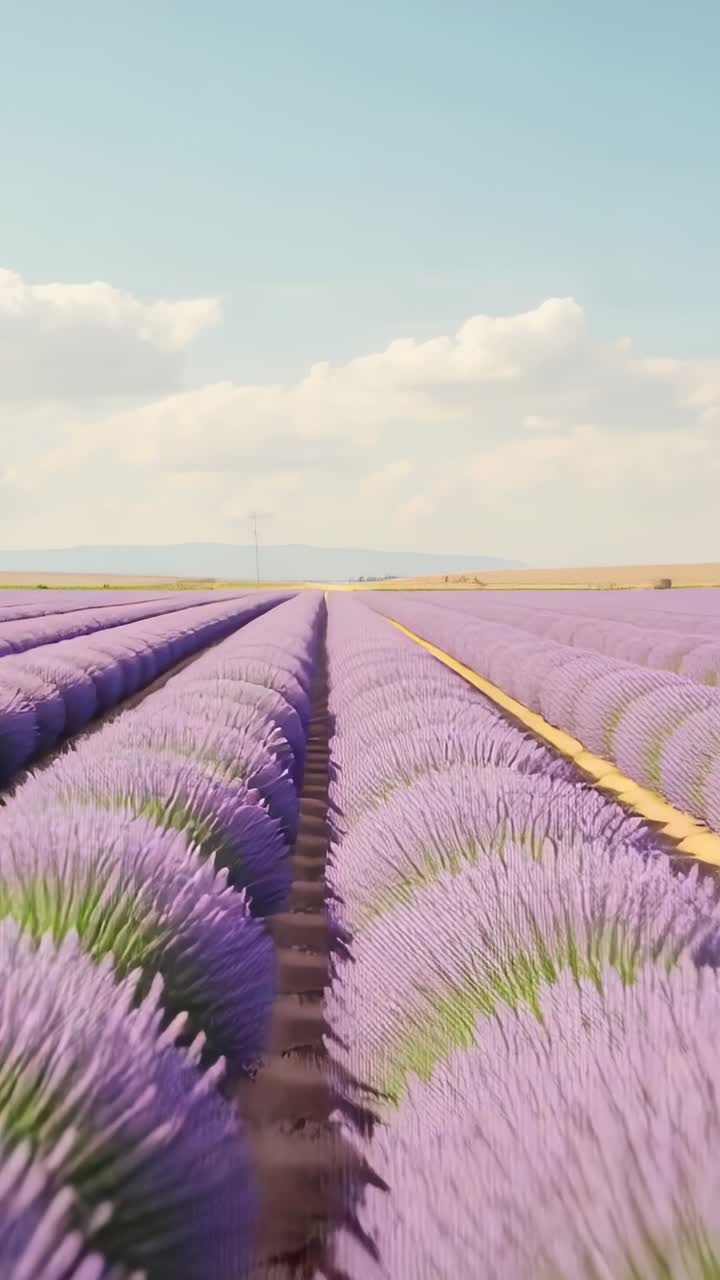 Vertical video: Pulling back camera over dirt path at lavender farm, revealing endless purple rows