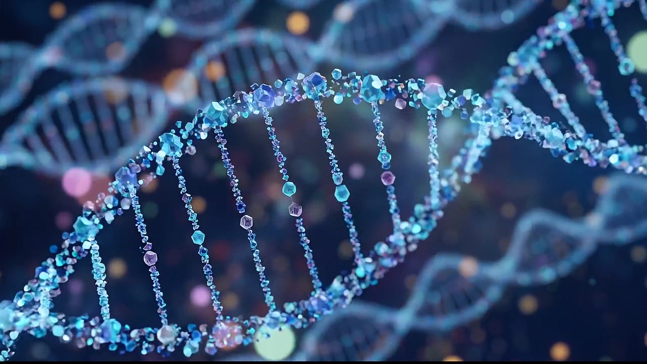 Rotazione di un filamento di DNA a doppia elica con particelle luminose e concetto medico