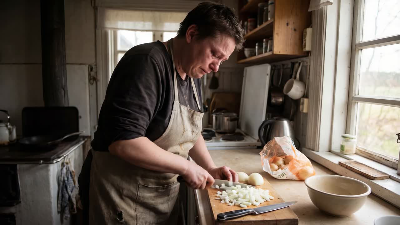 Placing onion, cook wearing apron dicing with chef's knife on board in home kitchen, preparing meal