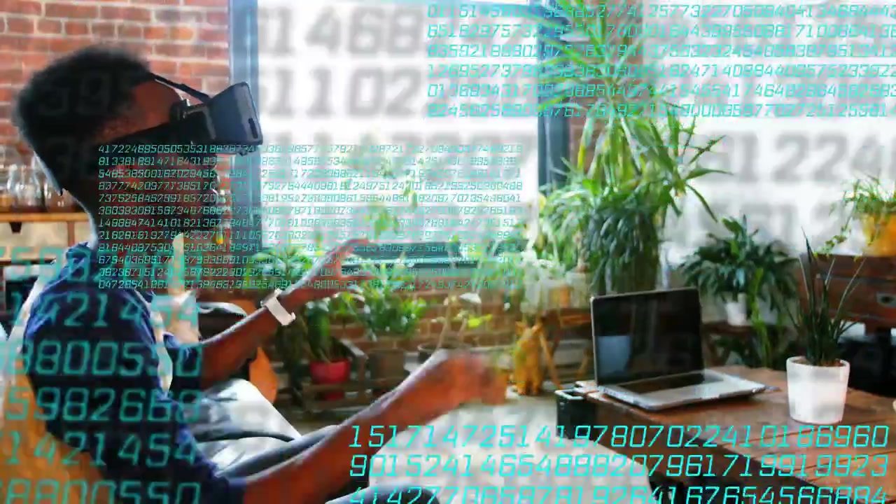 Man in VR headset raising and pinching, activating tech HUD overlaying room, analyzing numbers
